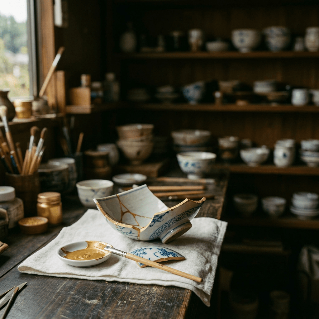 Hands holding a ceramic bowl repaired with golden kintsugi lacquer in a workshop